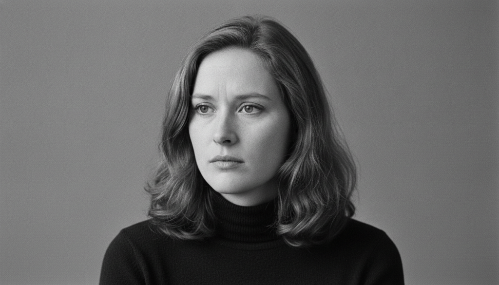 A black and white portrait of a young Meryl Streep in her early acting days looking earnest and talented