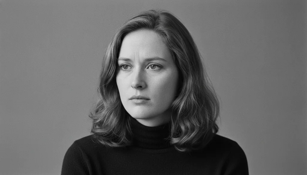 A black and white portrait of a young Meryl Streep in her early acting days looking earnest and talented