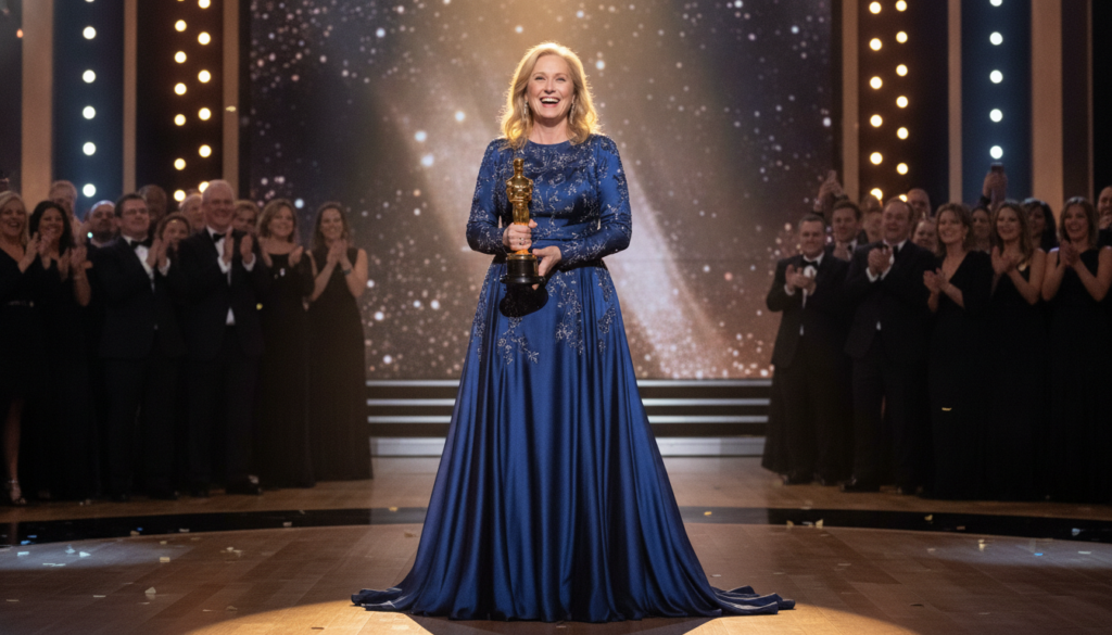A vibrant photo of Meryl Streep holding an Academy Award smiling gracefully at an awards ceremony