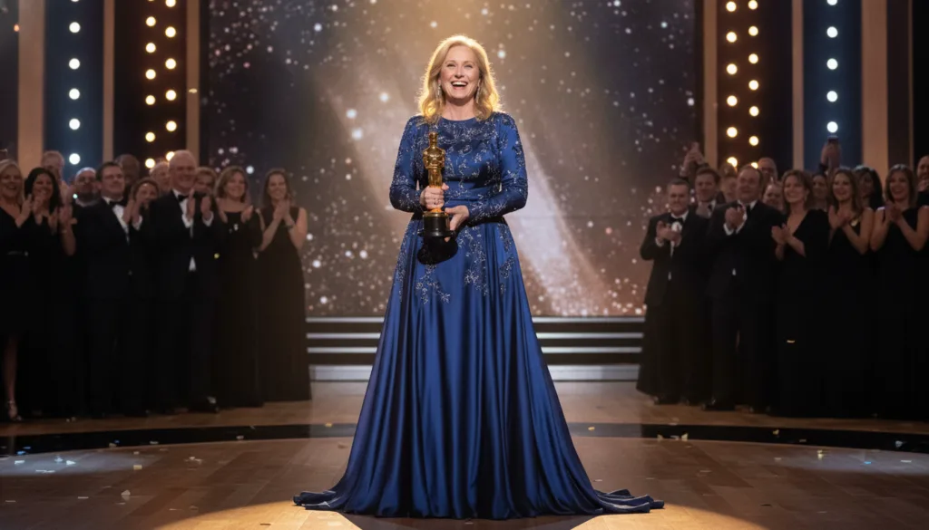 A vibrant photo of Meryl Streep holding an Academy Award smiling gracefully at an awards ceremony