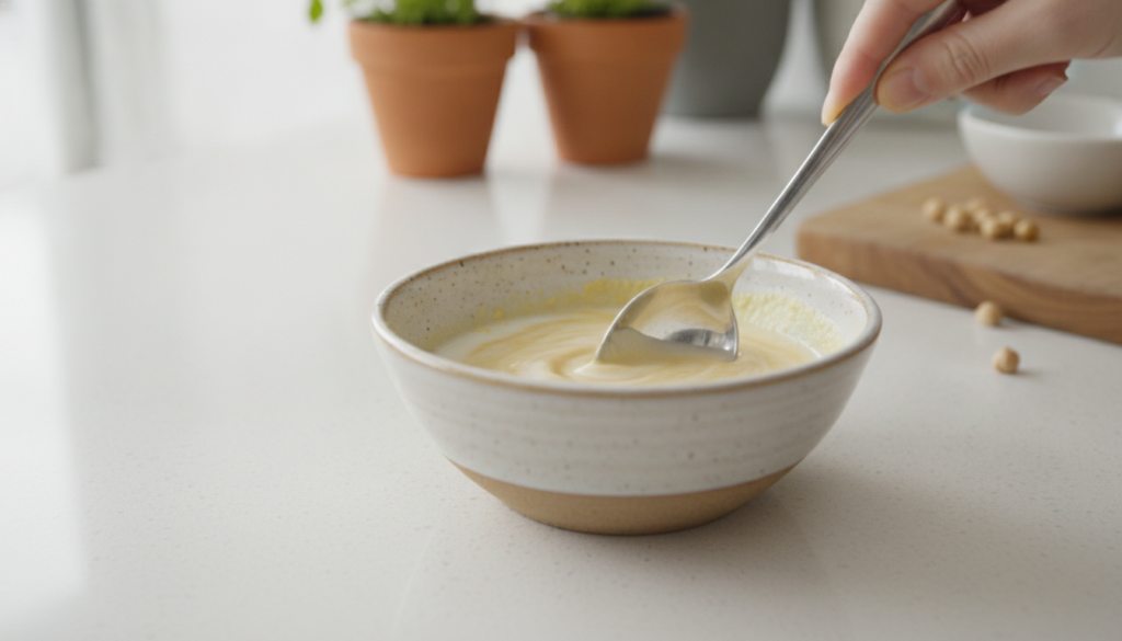 A small bowl with chickpea flour milk and a spoon in the process of being mixed into a smooth paste