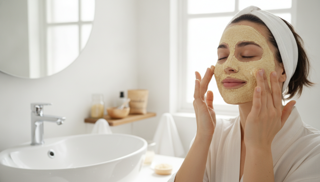 A woman gently applying a homemade chickpea flour mask to her face with her fingertips in a brightly lit bathroom