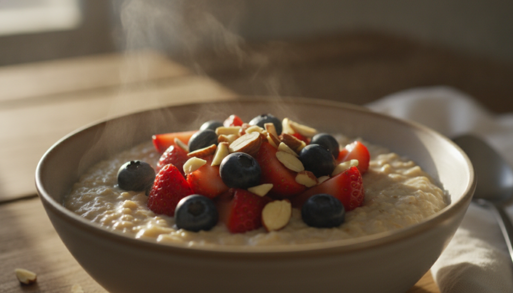 A close-up of a bowl of hearty oatmeal topped with fresh berries and nuts illustrating a healthy breakfast option