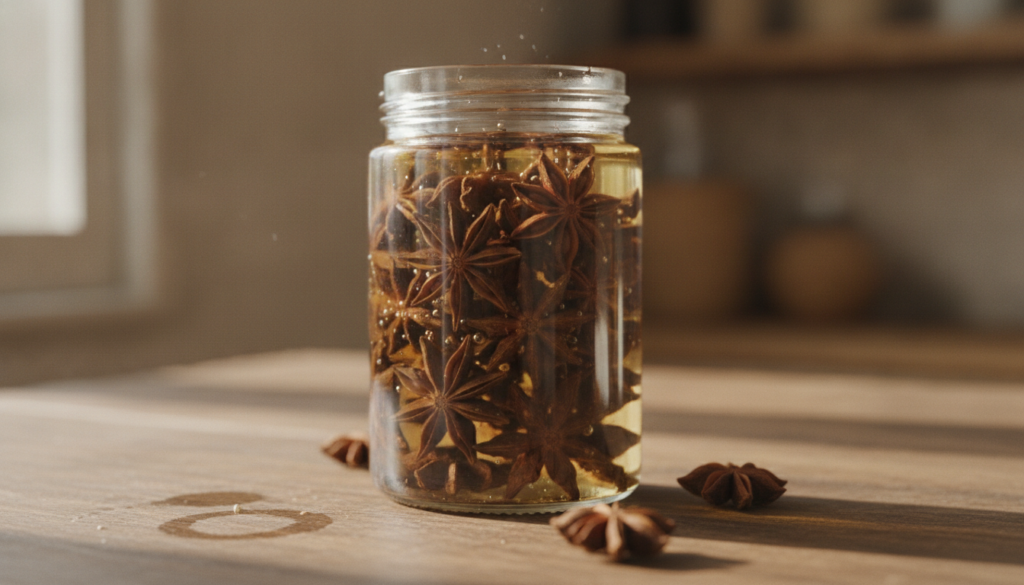 A glass jar filled with star anise pods and carrier oil placed on a wooden surface with diffused light representing the 