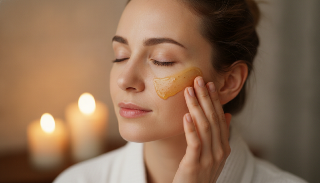 A woman gently massaging the star anise and honey blend onto her face before bedtime with a soft warm light in the backg