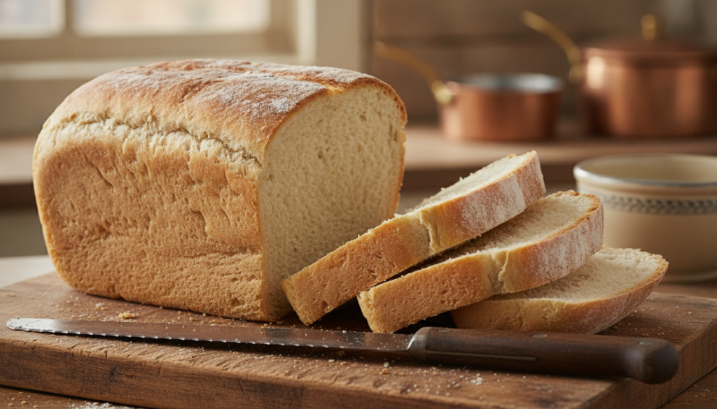 A perfectly baked golden-brown classic white sandwich bread loaf sliced and stacked on a wooden cutting board with a kni