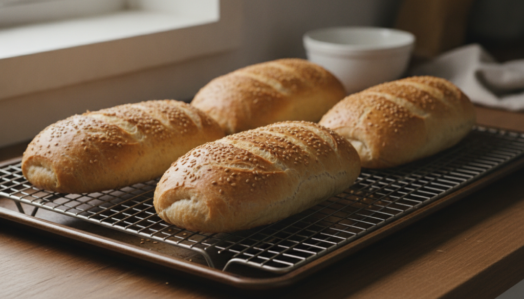 Four golden-brown elongated homemade Subway-style sandwich loaves sprinkled with sesame seeds fresh out of the oven on a