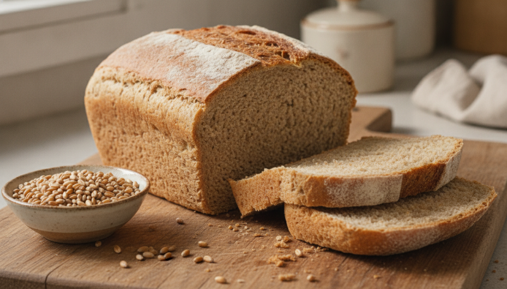 A wholesome whole wheat sandwich bread loaf freshly baked and sliced showing its hearty texture on a rustic surface