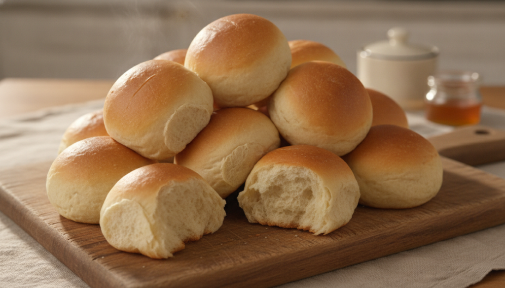 A pile of perfectly baked golden-brown soft milk bread rolls arranged invitingly on a wooden board