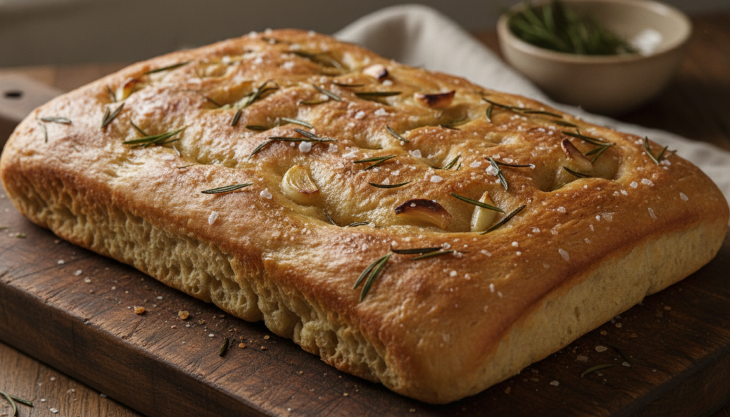 A large rectangular rustic garlic herb focaccia bread dimpled and topped with fresh rosemary garlic and sea salt on a wo