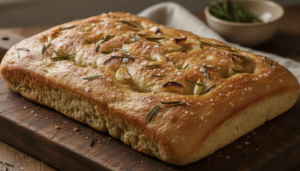 A large rectangular rustic garlic herb focaccia bread dimpled and topped with fresh rosemary garlic and sea salt on a wo
