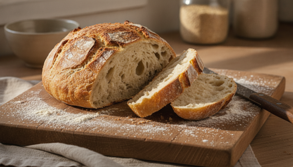 A round crusty no-knead artisan bread loaf with a perfectly golden exterior and a few slices cut to reveal its airy inte