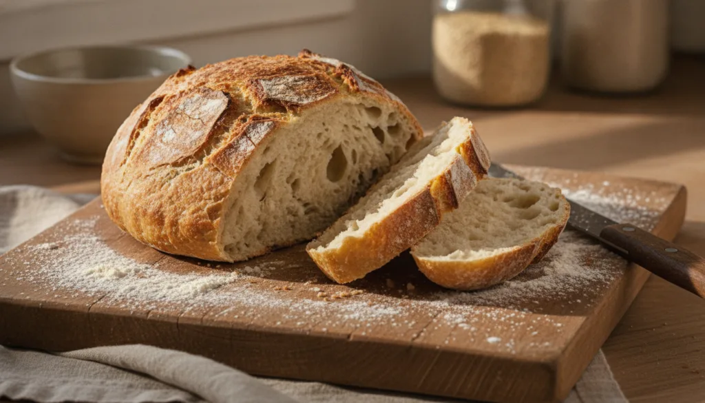 A round crusty no-knead artisan bread loaf with a perfectly golden exterior and a few slices cut to reveal its airy inte