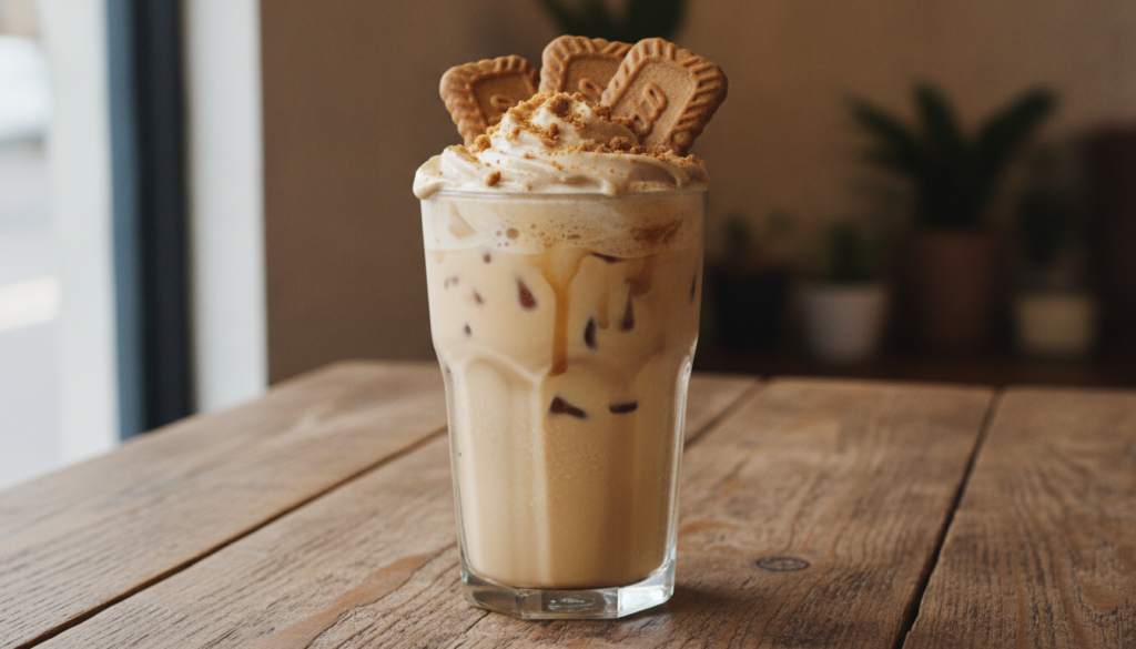 A tall glass of cookie butter iced coffee garnished with Biscoff cookies The coffee has a light brown color with visible