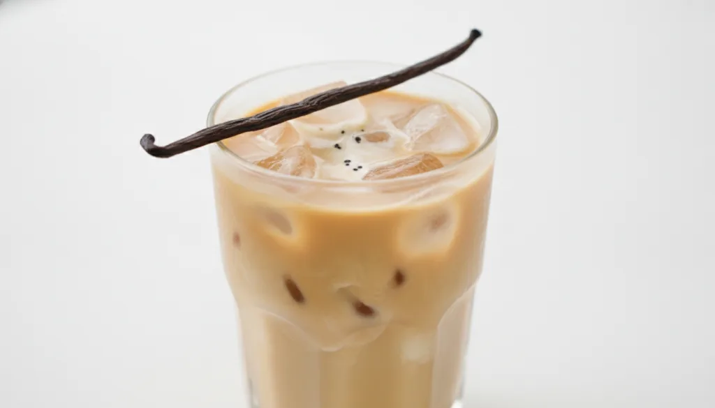 A tall glass of French vanilla iced coffee with a vanilla bean pod as garnish The coffee is light brown with ice cubes a