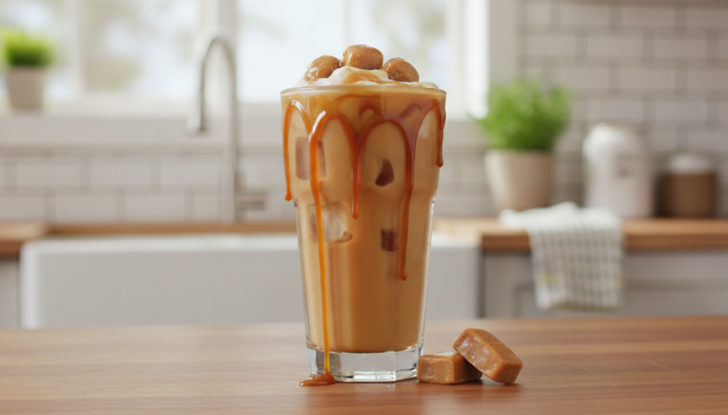 A tall glass of caramel swirl iced coffee drizzled with caramel sauce and garnished with caramel candies The coffee has 