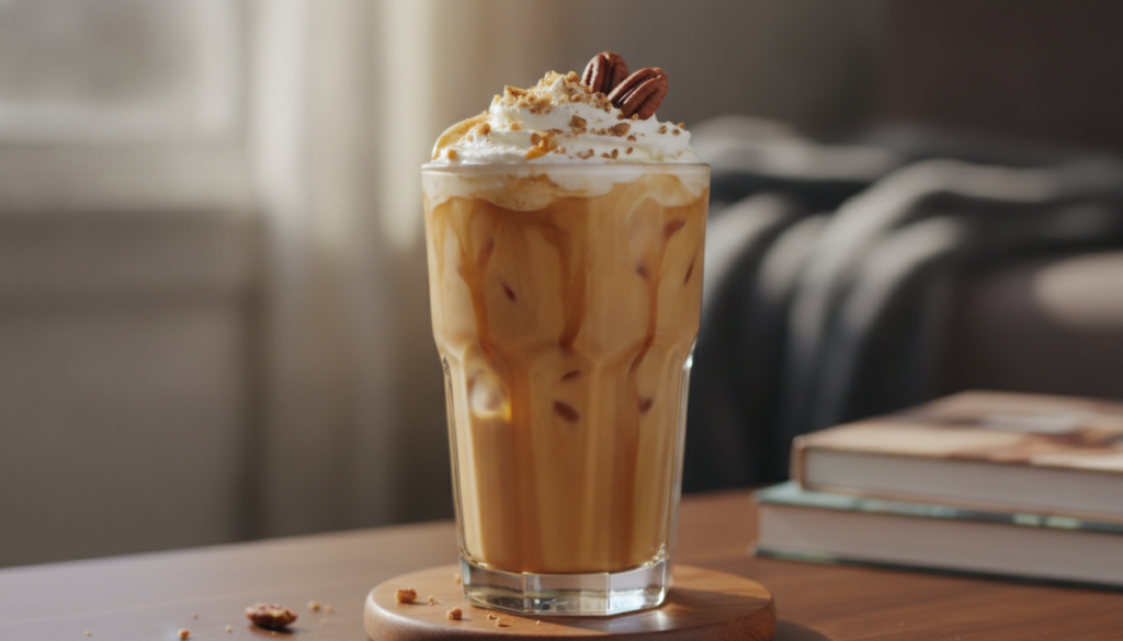 A tall glass of butter pecan iced coffee garnished with whole pecans The coffee is a warm brown hue with ice cubes