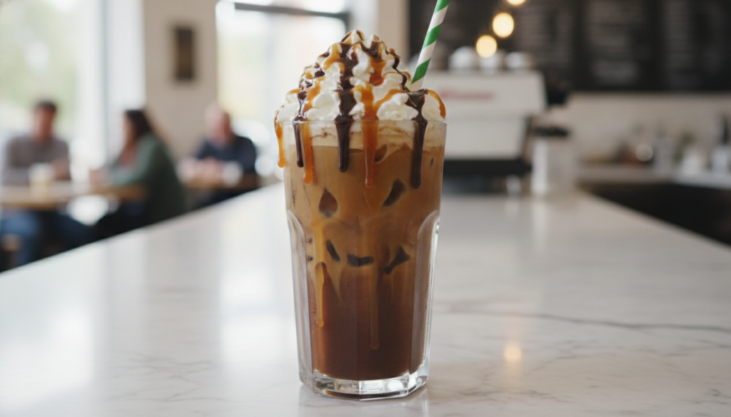 A tall glass of caramel mocha iced coffee topped with whipped cream chocolate drizzle and caramel drizzle The coffee is 
