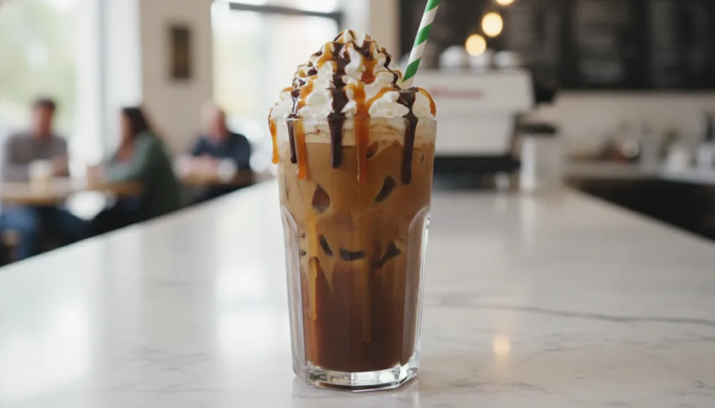 A tall glass of caramel mocha iced coffee topped with whipped cream chocolate drizzle and caramel drizzle The coffee is 
