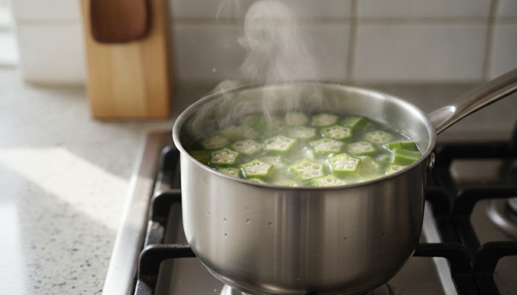Sliced fresh okra simmering gently in a small pot of water on a stovetop releasing its mucilage to create a gel