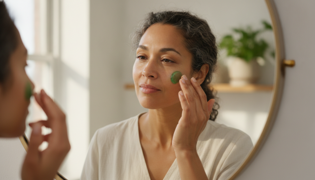 A woman gently applying a small amount of green okra gel to her cheek with her fingertips demonstrating proper facial ap