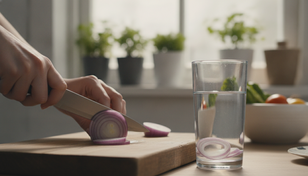A person preparing onion water by slicing an onion and adding it to a glass of water with fresh whole onions in the back
