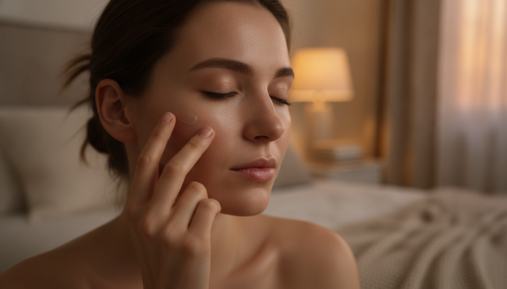 A woman gently applying a small amount of the Vaseline and Vitamin E mixture to her face before bed