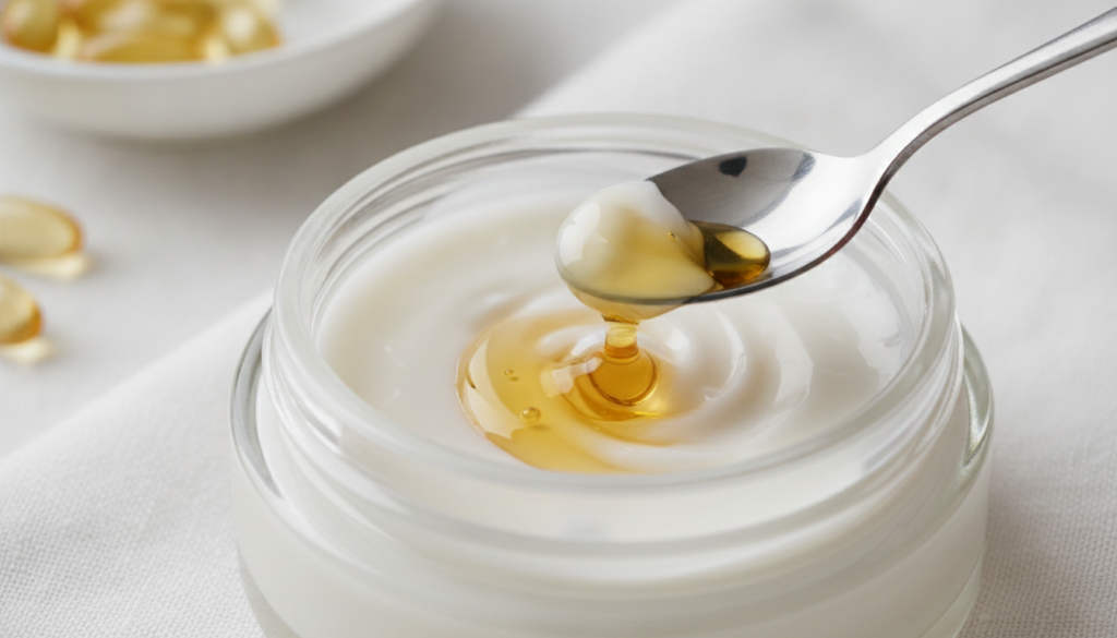 A small glass jar with a creamy mixture of Vaseline and Vitamin E with a spoon mixing them gently