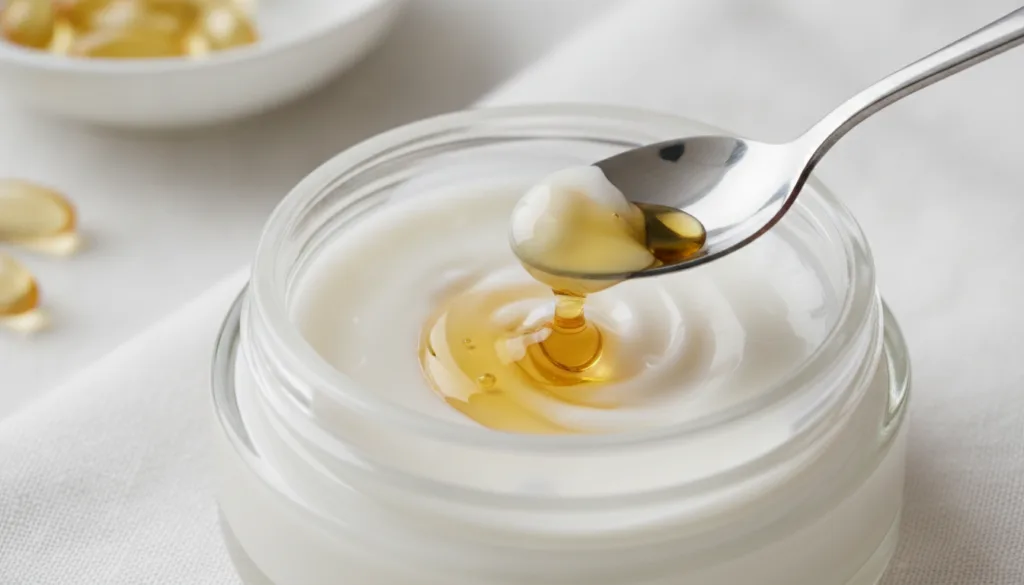 A small glass jar with a creamy mixture of Vaseline and Vitamin E with a spoon mixing them gently