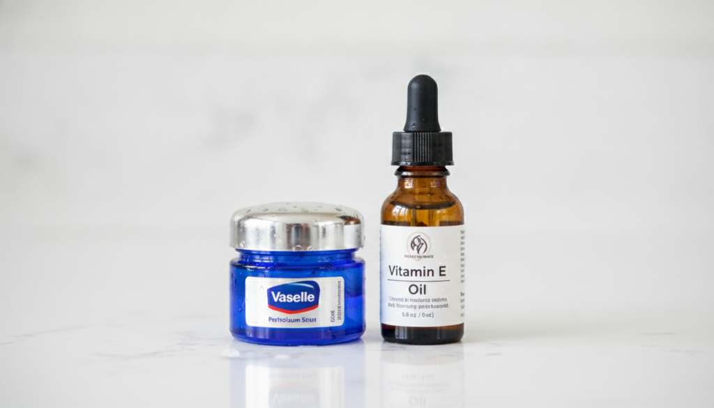 A close-up shot of a small jar of Vaseline and a bottle of Vitamin E oil on a clean light surface suggesting simple natu
