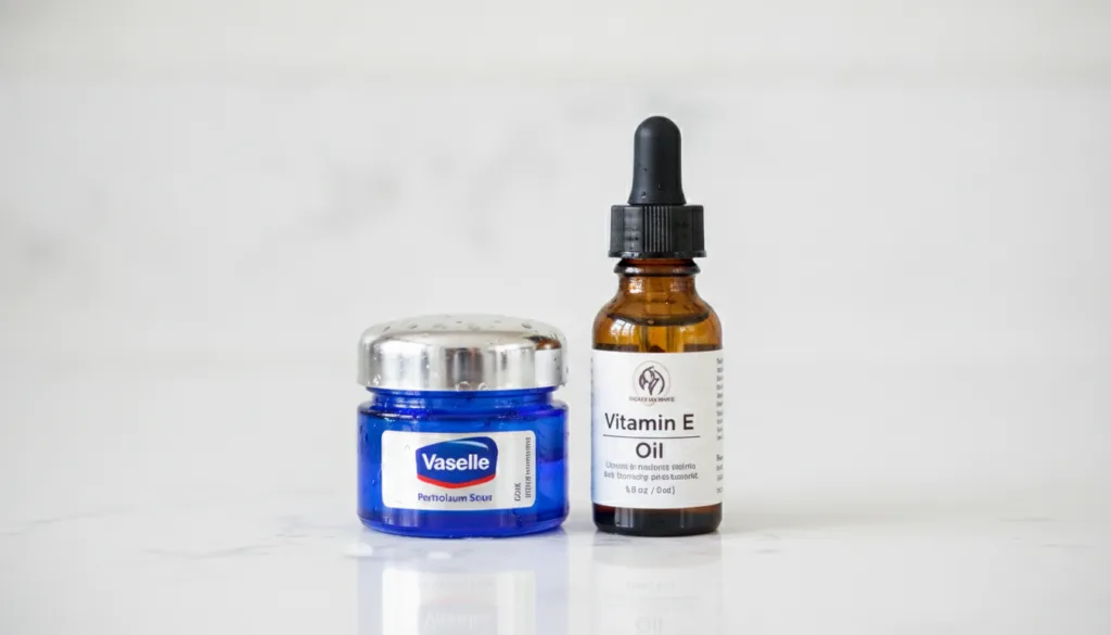 A close-up shot of a small jar of Vaseline and a bottle of Vitamin E oil on a clean light surface suggesting simple natu
