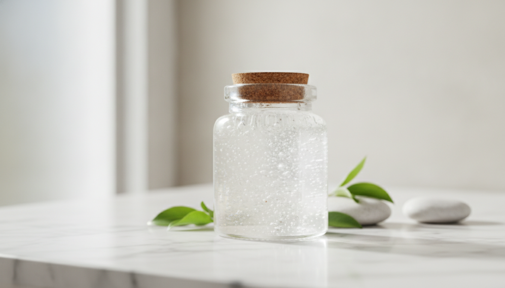 A close-up shot of a small glass jar filled with a clear shimmering DIY gel on a clean light-colored surface with fresh