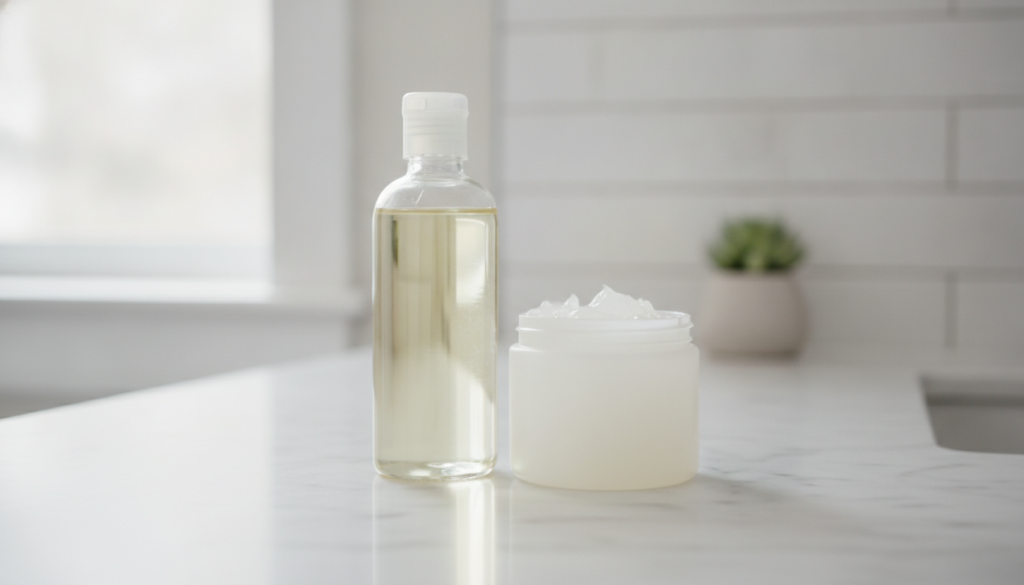 A still life image showing a bottle of Johnson s baby oil and a jar of Vaseline petroleum jelly on a clean bright bathro