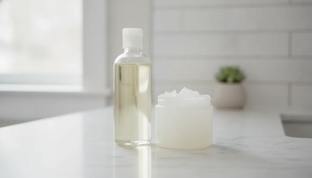 A still life image showing a bottle of Johnson s baby oil and a jar of Vaseline petroleum jelly on a clean bright bathro