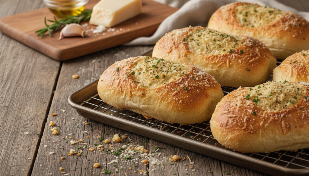 Freshly baked garlic parmesan sub rolls golden brown with visible specks of herbs and grated cheese cooling on a baking 