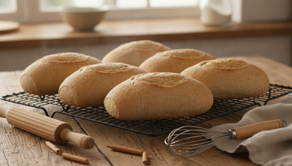Soft light brown whole wheat sub rolls cooling on a wire rack with a rustic wooden background and kitchen utensils