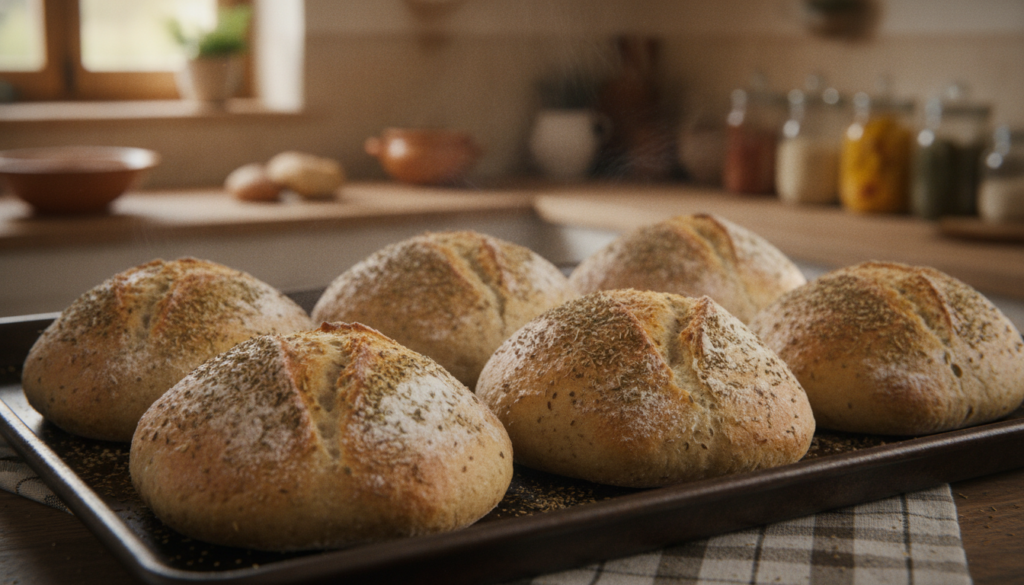 Rustic Italian herb sandwich rolls dusted with flour and topped with dried herbs cooling on a dark baking sheet