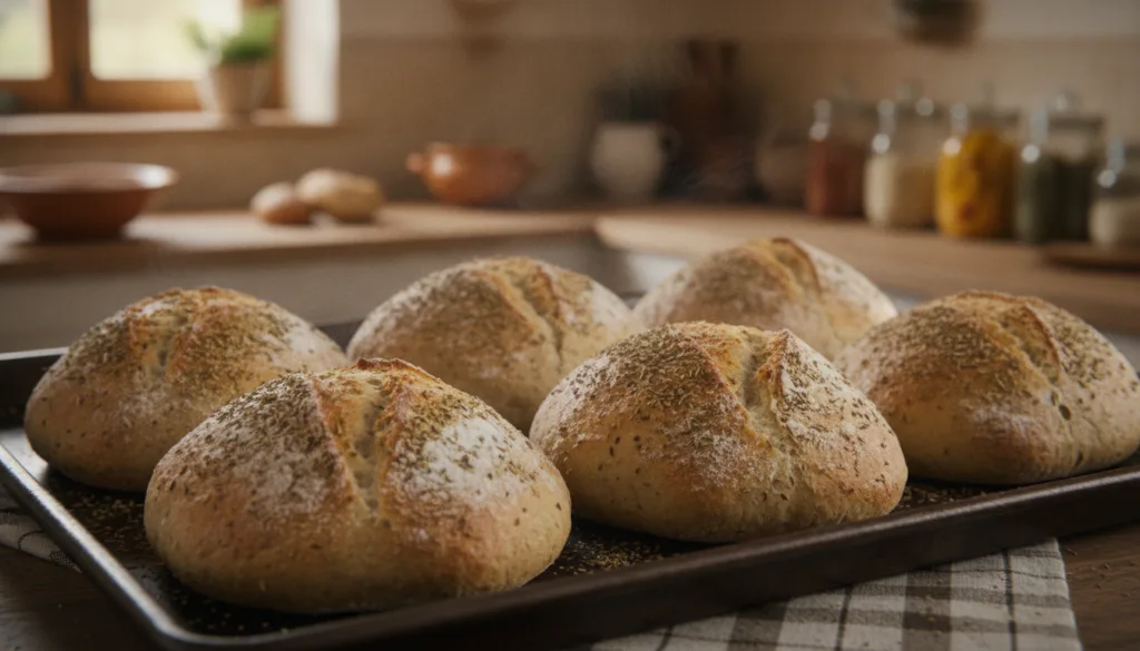 Rustic Italian herb sandwich rolls dusted with flour and topped with dried herbs cooling on a dark baking sheet