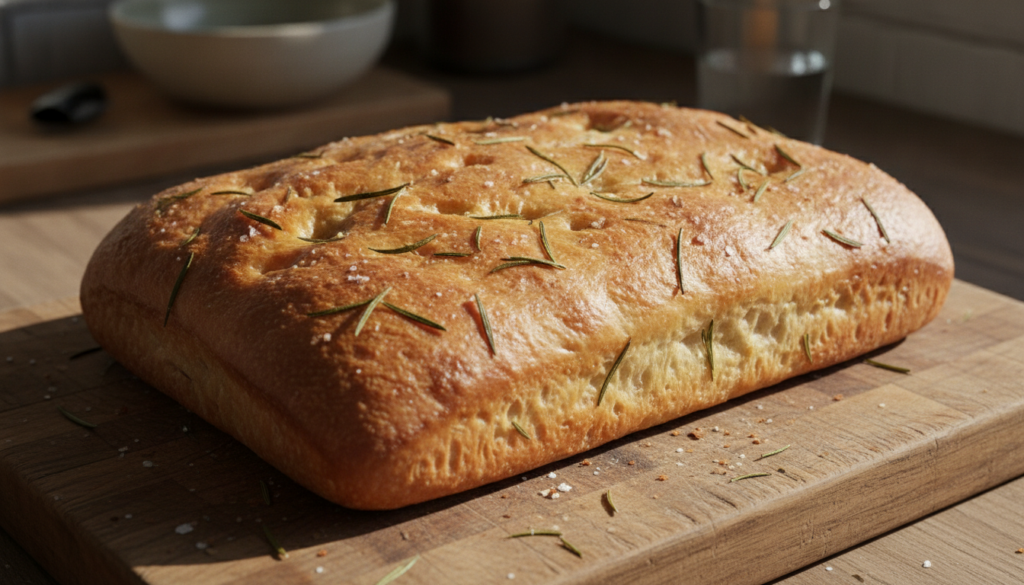 A rectangular focaccia loaf golden brown with dimpled surface topped with fresh rosemary sprigs and coarse sea salt on a