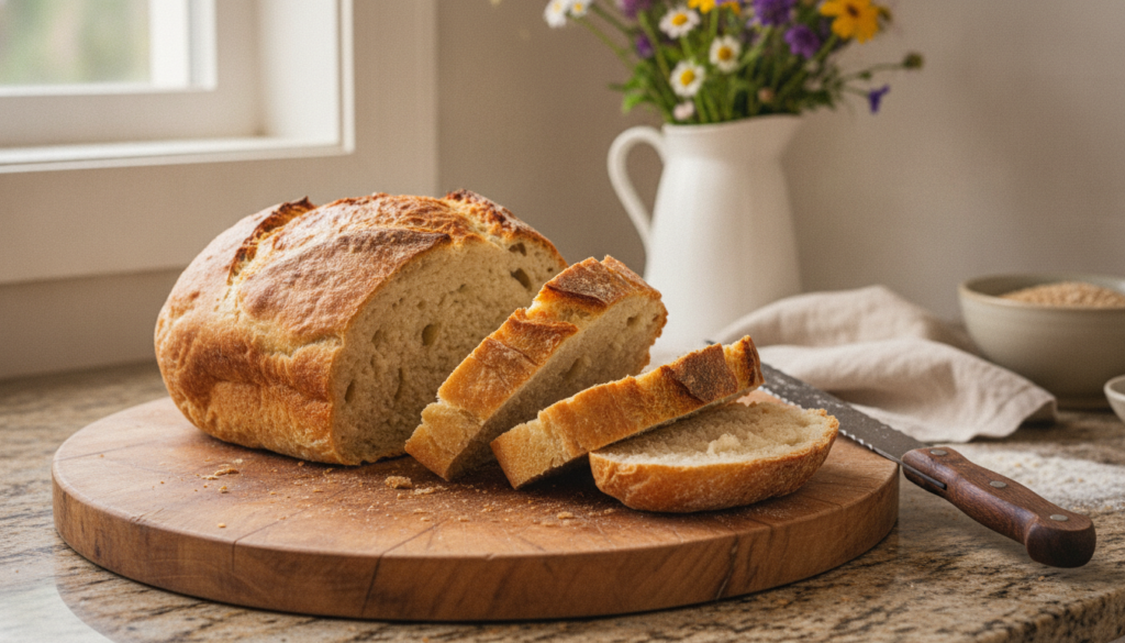A rustic crusty no-knead sandwich loaf golden brown sliced on a wooden cutting board with a bread knife