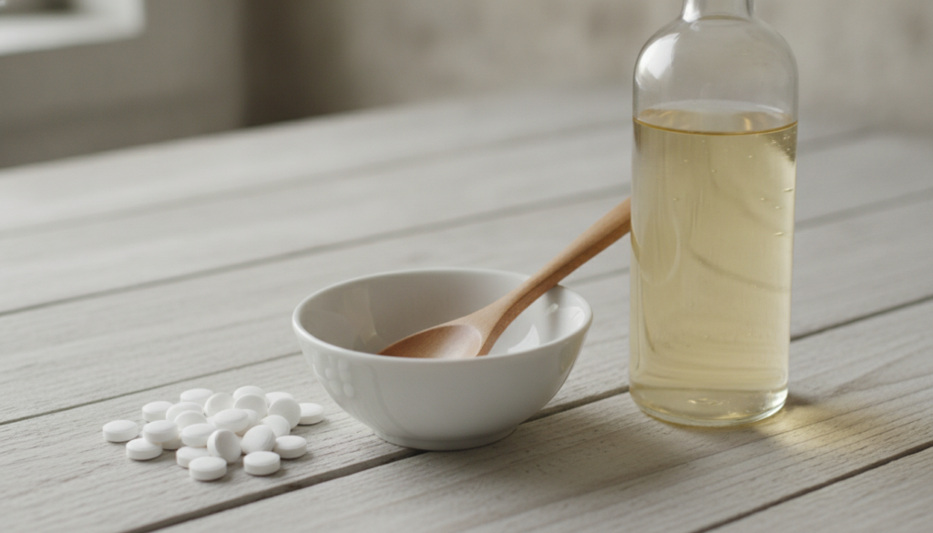 A still life image showing aspirin tablets a bottle of baby oil and a small mixing bowl with a spoon arranged on a light