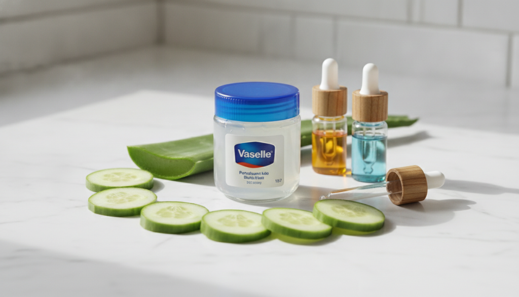 A jar of Vaseline surrounded by fresh natural skincare ingredients like cucumber slices aloe vera leaf and a few drops o