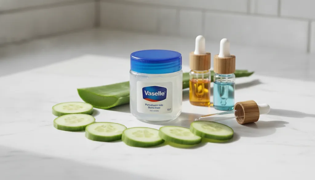 A jar of Vaseline surrounded by fresh natural skincare ingredients like cucumber slices aloe vera leaf and a few drops o