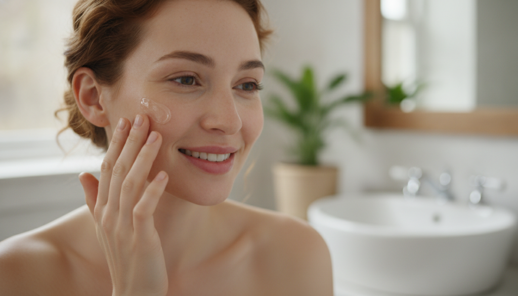 A woman gently applying a thin layer of Vaseline to her face with her fingertips demonstrating a natural and easy applic