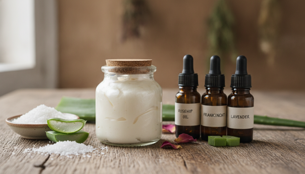 A close-up of a small glass jar filled with a creamy light-colored DIY collagen cream surrounded by natural ingredients 