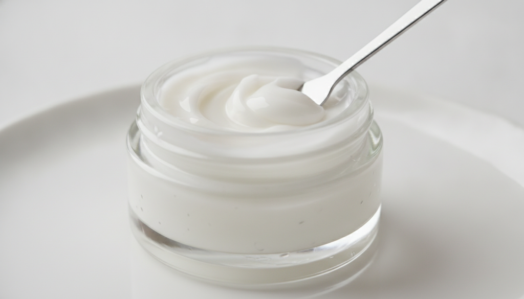 Close-up shot of a small glass jar containing a creamy white Vaseline mixture being stirred with a tiny spatula or spoon