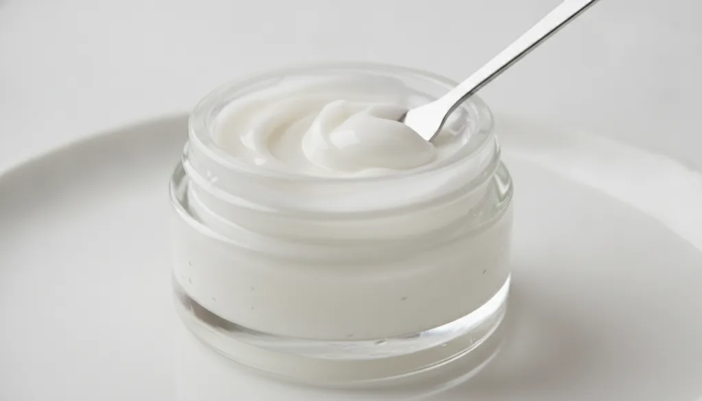 Close-up shot of a small glass jar containing a creamy white Vaseline mixture being stirred with a tiny spatula or spoon