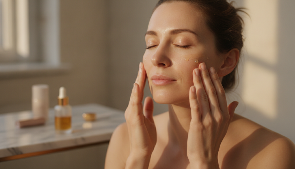 A woman gently massaging a small amount of facial oil into her clean skin at night with a dropper bottle visible on her