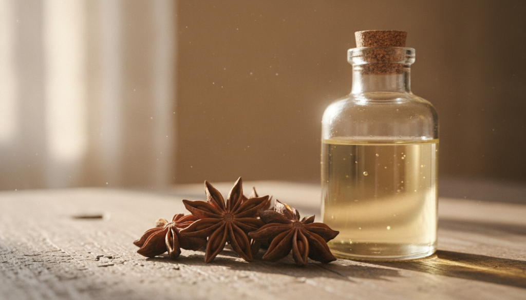 Close-up of star anise pods and a bottle of carrier oil on a wooden surface ready for infusion
