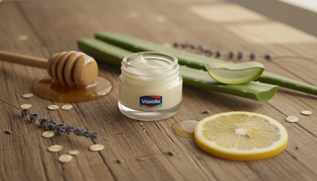 A small jar of Vaseline surrounded by natural beauty ingredients like honey aloe vera and a lemon slice on a rustic wood